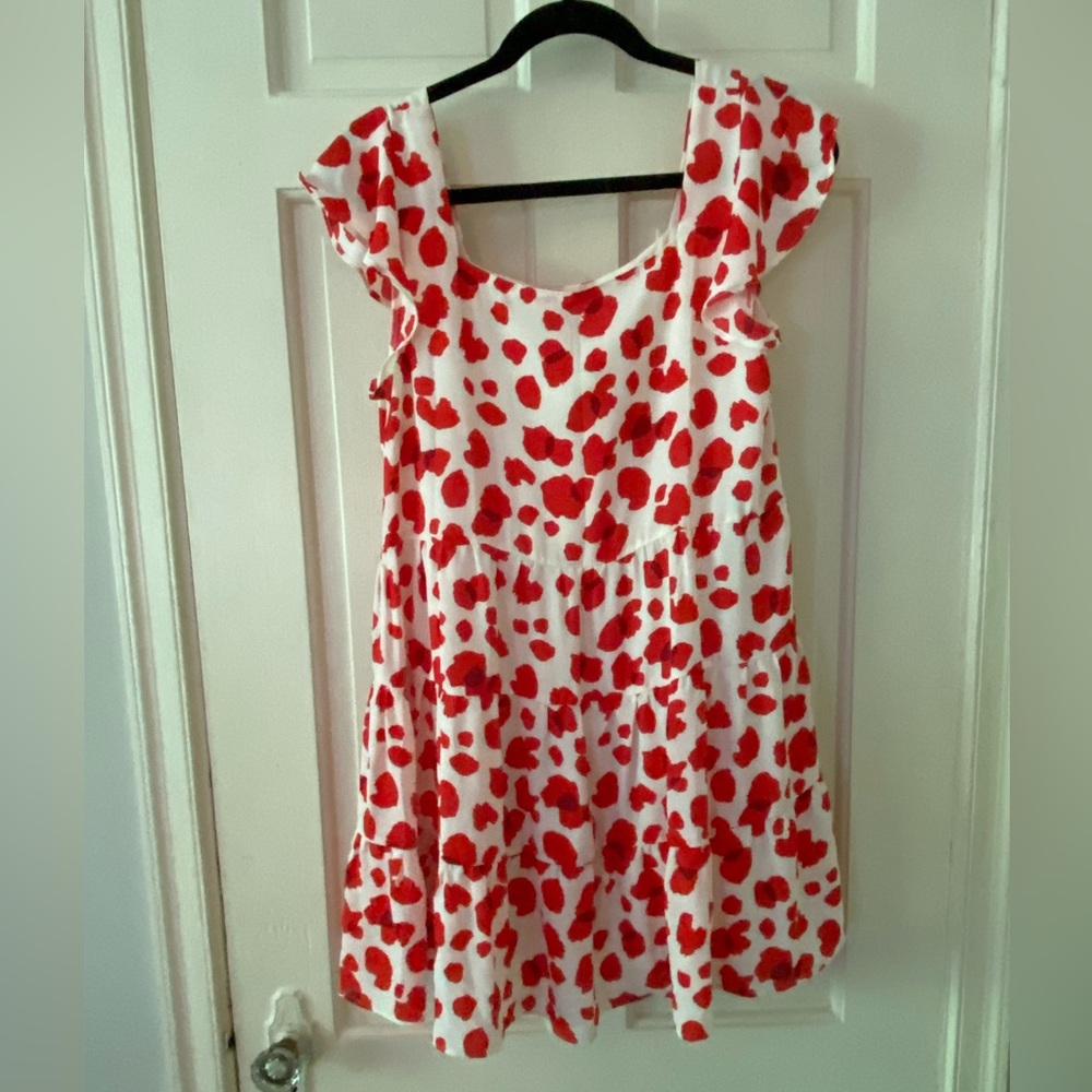 White and bright red poppy dress - mini